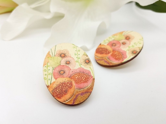 Preview: Große, ovale Holz Ohrstecker Mohnblumen